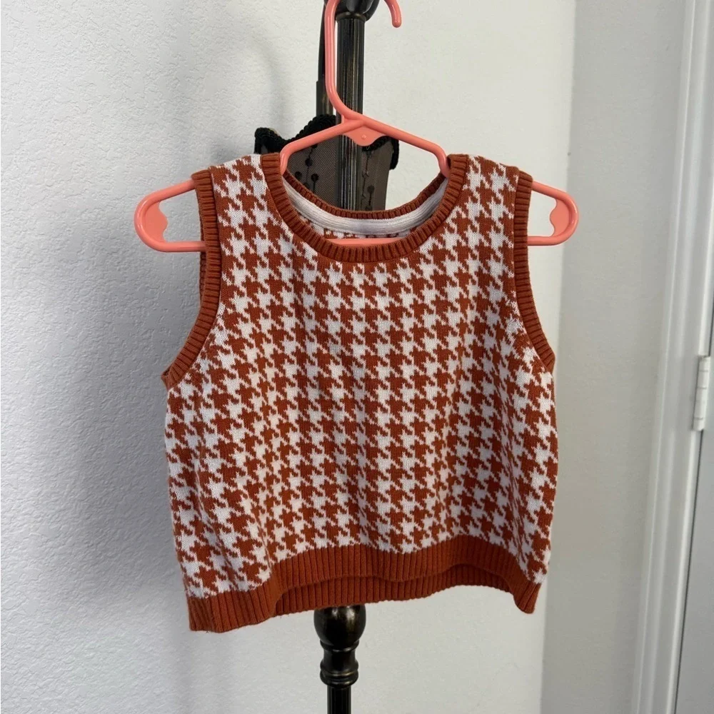 Sincerely Jules Kids Houndstooth Cardigan and Sleeveless Top Set Rust and White
